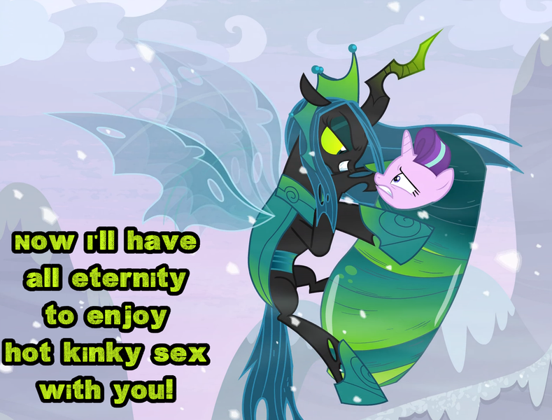Size: 1420x1080 | Tagged: semi-grimdark, suggestive, derpibooru import, edit, edited screencap, screencap, queen chrysalis, starlight glimmer, changeling, changeling queen, unicorn, the ending of the end, leak, caption, carrying, changeling slime, cocoon, cocooning, female, flying, glimmerlis, image macro, implied rape, lesbian, looking at each other, lust, mare, mountain, quadrupedal, revenge, shipping, snow, snowfall, text, trapped, ultimate chrysalis, windswept mane, wrapped up, wrapping