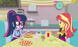 Size: 3000x1800 | Tagged: safe, alternate version, artist:lightning_musicwave, derpibooru import, sci-twi, sunset shimmer, twilight sparkle, equestria girls, equestria girls series, burger, chocolate milkshake, comic, food, french fries, geode of empathy, geode of telekinesis, ice cream, magical geodes, meat, milkshake, pepperoni, pepperoni pizza, pizza, taco