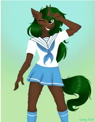 Size: 911x1175 | Tagged: source needed, useless source url, safe, artist:lucykor, derpibooru import, oc, oc:pine shine, anthro, blouse, clothes, image, png, scarf, school uniform, socks