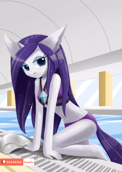 Size: 1200x1688 | Tagged: safe, artist:howxu, derpibooru import, rarity, anthro, plantigrade anthro, unicorn, adorasexy, belly button, bikini, clothes, cute, eyeshadow, female, floppy ears, looking at you, makeup, midriff, sexy, solo, swimsuit, wet, wet mane, wet mane rarity