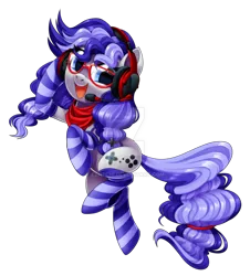 Size: 1024x1131 | Tagged: safe, artist:centchi, derpibooru import, oc, oc:cinnabyte, unofficial characters only, earth pony, pony, clothes, deviantart watermark, earth pony oc, female, glasses, headphones, mare, obtrusive watermark, simple background, socks, solo, striped socks, transparent background, watermark