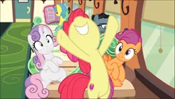 Size: 1566x882 | Tagged: safe, derpibooru import, screencap, apple bloom, scootaloo, sweetie belle, earth pony, pegasus, pony, unicorn, growing up is hard to do, bipedal, bow, cropped, cute, cutie mark, cutie mark crusaders, female, friendship express, hair bow, hooves in air, mare, nose in the air, older, older apple bloom, older cmc, older scootaloo, older sweetie belle, sitting, smiling, the cmc's cutie marks, trio focus, underhoof