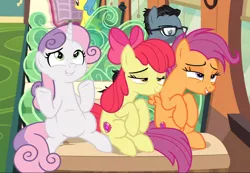 Size: 1138x788 | Tagged: safe, derpibooru import, screencap, apple bloom, down under, lemon hearts, scootaloo, sweetie belle, earth pony, pegasus, pony, unicorn, growing up is hard to do, belly, cropped, cute, cutie mark, cutie mark crusaders, female, lidded eyes, mare, older, older apple bloom, older cmc, older scootaloo, older sweetie belle, sitting, smiling, the cmc's cutie marks, trio focus