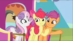 Size: 1564x884 | Tagged: safe, derpibooru import, screencap, apple bloom, scootaloo, sweetie belle, earth pony, pegasus, pony, unicorn, growing up is hard to do, bow, cropped, cute, cutie mark, cutie mark crusaders, female, friendship express, hair bow, happy, looking at each other, mare, older, older apple bloom, older cmc, older scootaloo, older sweetie belle, raised hoof, smiling, the cmc's cutie marks, trio, underhoof