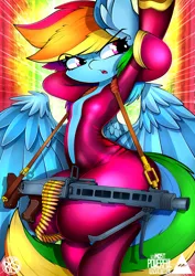 Size: 3500x4950 | Tagged: safe, artist:ahekao, derpibooru import, rainbow dash, pegasus, pony, comic:the most powerful adventure, absolute cleavage, bodysuit, breasts, chestbreasts, cleavage, female, gun, machine gun, mare, mg-42, open mouth, pose, sexy, solo, spread wings, stretching, stupid sexy rainbow dash, tight clothing, weapon, wings