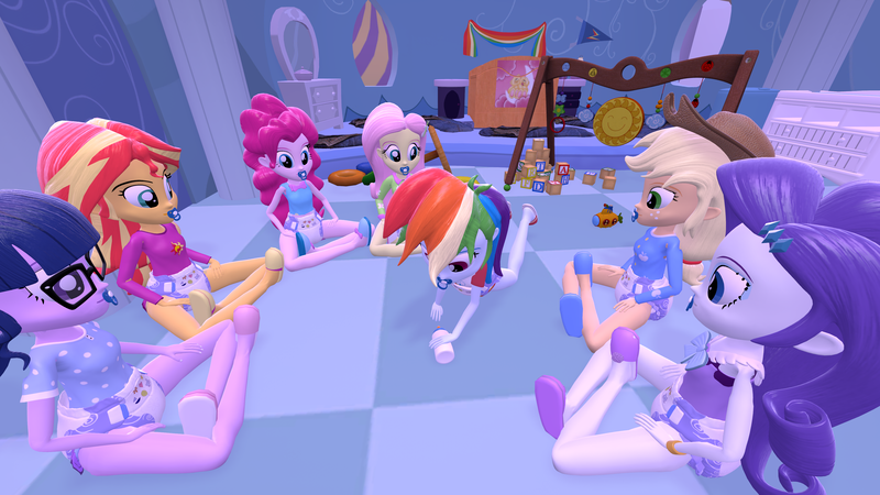 Size: 3840x2160 | Tagged: suggestive, artist:mrdoctorderpy, derpibooru import, applejack, fluttershy, pinkie pie, rainbow dash, rarity, sci-twi, sunset shimmer, twilight sparkle, equestria girls, 3d, 4k, abdl, baby bottle, diaper, diaper fetish, fetish, humane five, humane seven, humane six, pacifier, source filmmaker, spin the bottle