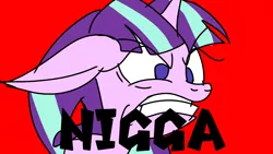 Size: 1200x675 | Tagged: safe, artist:treble clefé, derpibooru import, starlight glimmer, pony, unicorn, the cutie map, angry, female, mare, meme, mouthpiece, nigga, out of character, quiet, racism, rage, red background, simple background, solo, vulgar