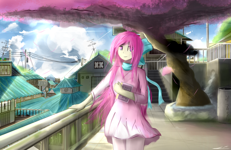 Size: 2460x1600 | Tagged: architecture, artist:lukesaurusflavius, book, bow, clothes, cloud, cloudy, derpibooru import, dress, electric pole, hair bow, human, humanized, humanized oc, oc, safe, solo, town, unofficial characters only