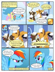 Size: 612x792 | Tagged: safe, artist:newbiespud, derpibooru import, edit, edited screencap, screencap, applejack, dumbbell, fluttershy, hoops, quarterback, rainbow dash, earth pony, pegasus, pony, comic:friendship is dragons, sonic rainboom (episode), angry, clothes, cloud, cloudsdale, comic, confused, dialogue, female, flying, hat, male, mare, screencap comic, stallion, unamused, weather factory uniform