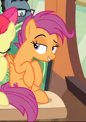 Size: 512x724 | Tagged: safe, derpibooru import, screencap, apple bloom, scootaloo, earth pony, pegasus, pony, growing up is hard to do, cropped, cutie mark, female, lidded eyes, mare, offscreen character, older, older apple bloom, older scootaloo, raised eyebrow, sitting, smiling, smirk, solo focus, the cmc's cutie marks