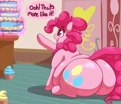 Size: 4553x3897 | Tagged: suggestive, artist:graphenescloset, derpibooru import, pinkie pie, earth pony, pony, series:pinkie breaks the fourth wall, adorafatty, balloonbutt, belly, big belly, butt, cake, cupcake, cute, diapinkes, fat, female, food, incentive drive, large butt, mare, obese, piggy pie, pudgy pie, solo, talking, the ass was fat, weight gain sequence