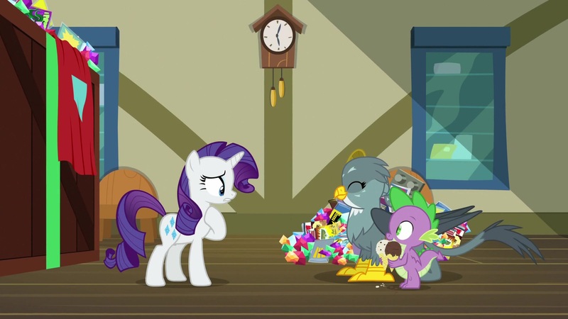 Size: 1920x1080 | Tagged: safe, derpibooru import, screencap, gabby, rarity, spike, dragon, gryphon, pony, dragon dropped, box, comic book, food, gem, ice cream, winged spike