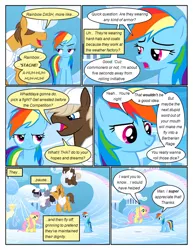 Size: 612x792 | Tagged: safe, artist:newbiespud, derpibooru import, edit, edited screencap, screencap, dumbbell, fluttershy, hoops, quarterback, rainbow dash, pegasus, pony, comic:friendship is dragons, sonic rainboom (episode), clothes, comic, dialogue, female, flying, frown, hard hat, hat, looking up, male, mare, screencap comic, smiling, stallion, unamused, weather factory uniform