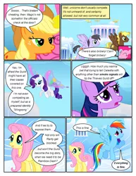 Size: 612x792 | Tagged: safe, artist:newbiespud, derpibooru import, edit, edited screencap, screencap, applejack, fluttershy, pinkie pie, rainbow dash, rarity, sunshower raindrops, twilight sparkle, earth pony, pegasus, pony, unicorn, comic:friendship is dragons, artificial wings, augmented, background pony, cloudsdale, comic, dialogue, female, flying, freckles, hat, looking down, looking up, magic, magic wings, male, mane six, mare, screencap comic, stallion, unicorn twilight, wings, worried