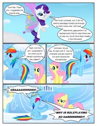 Size: 612x792 | Tagged: safe, artist:newbiespud, derpibooru import, edit, edited screencap, screencap, fluttershy, rainbow dash, rarity, pegasus, pony, unicorn, comic:friendship is dragons, artificial wings, augmented, cloud, comic, dialogue, female, flying, frown, looking up, magic, magic wings, mare, sad, screencap comic, wings