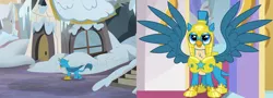 Size: 2000x720 | Tagged: safe, derpibooru import, screencap, gallus, gryphon, the hearth's warming club, the last problem, armor, awesome, canterlot castle, comparison, crowning moment of awesome, cute, flashback, gallabetes, good end, griffonstone, helmet, homeless, male, royal guard, royal guard armor, royal guard gallus, solo, spread wings, sweet dreams fuel, wings