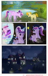 Size: 2166x3447 | Tagged: safe, artist:greenbrothersart, derpibooru import, princess cadance, oc, oc:sunspot, alicorn, pegasus, pony, comic:love is magic, carriage, comic, diary, mouth hold, net, night, prone, river, stream, teen princess cadance, teenager, writing