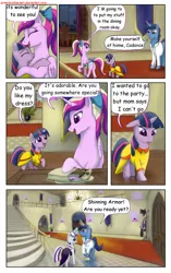 Size: 1950x3102 | Tagged: safe, artist:greenbrothersart, derpibooru import, night light, princess cadance, twilight sparkle, twilight velvet, alicorn, pony, unicorn, comic:love is magic, bag, clothes, comic, dress, female, filly, filly twilight sparkle, hug, male, mare, saddle bag, smiling, stallion, teen princess cadance, teenager, tongue out, unicorn twilight, younger