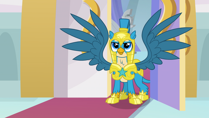 Size: 1920x1080 | Tagged: safe, derpibooru import, screencap, gallus, gryphon, the last problem, adult, armor, canterlot castle, good end, helmet, male, older, older gallus, royal guard, royal guard armor, royal guard gallus, smiling, soldier, solo, spread wings, wings