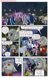 Size: 1950x3102 | Tagged: safe, artist:greenbrothersart, derpibooru import, frederic horseshoepin, night light, octavia melody, parish nandermane, princess cadance, shining armor, twilight sparkle, twilight velvet, oc, oc:evening star, alicorn, earth pony, pony, unicorn, comic:love is magic, clothes, comic, dancing, dress, female, filly, filly twilight sparkle, male, mare, night, party, shy, stallion, tail wrap, teen princess cadance, teenager, unicorn twilight, younger