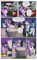 Size: 1950x3102 | Tagged: safe, artist:greenbrothersart, derpibooru import, night light, princess cadance, shining armor, twilight sparkle, twilight velvet, oc, oc:evening star, alicorn, earth pony, pony, unicorn, comic:love is magic, clothes, coloring book, comic, cup, dress, fan, female, filly, filly twilight sparkle, male, mare, night, party, sitting, stallion, table, teen princess cadance, teenager, unicorn twilight, younger