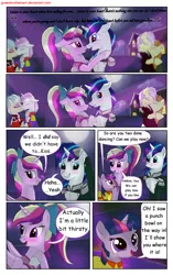 Size: 1950x3102 | Tagged: safe, artist:greenbrothersart, derpibooru import, princess cadance, shining armor, twilight sparkle, oc, alicorn, pony, unicorn, comic:love is magic, blushing, clothes, comic, dancing, dress, eye contact, female, filly, filly twilight sparkle, kissing, looking at each other, lyrics, night, party, teen princess cadance, teenager, text, unicorn twilight, younger