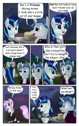 Size: 1950x3102 | Tagged: safe, artist:greenbrothersart, derpibooru import, fancypants, fleur-de-lis, shining armor, pony, unicorn, comic:love is magic, cake, clothes, comic, dress, female, food, lip bite, male, night, party, sweat, sweatdrop, tail wrap, teenager, waving