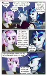Size: 1950x3102 | Tagged: safe, artist:greenbrothersart, derpibooru import, fancypants, fleur-de-lis, shining armor, pony, unicorn, comic:love is magic, clothes, comic, dress, eye contact, female, floppy ears, looking at each other, male, night, party, tail wrap, teenager