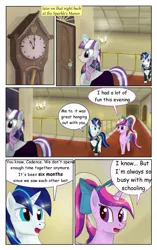 Size: 1950x3102 | Tagged: safe, artist:greenbrothersart, derpibooru import, princess cadance, shining armor, twilight sparkle, twilight velvet, alicorn, pony, unicorn, comic:love is magic, clothes, comic, dress, female, filly, filly twilight sparkle, grandfather clock, male, mare, sleeping, teen princess cadance, teenager, unicorn twilight, younger