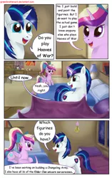 Size: 1950x3102 | Tagged: safe, artist:greenbrothersart, derpibooru import, princess cadance, shining armor, alicorn, pony, unicorn, comic:love is magic, bed, comic, female, hooves of war, male, prone, smiling, teen princess cadance, teenager