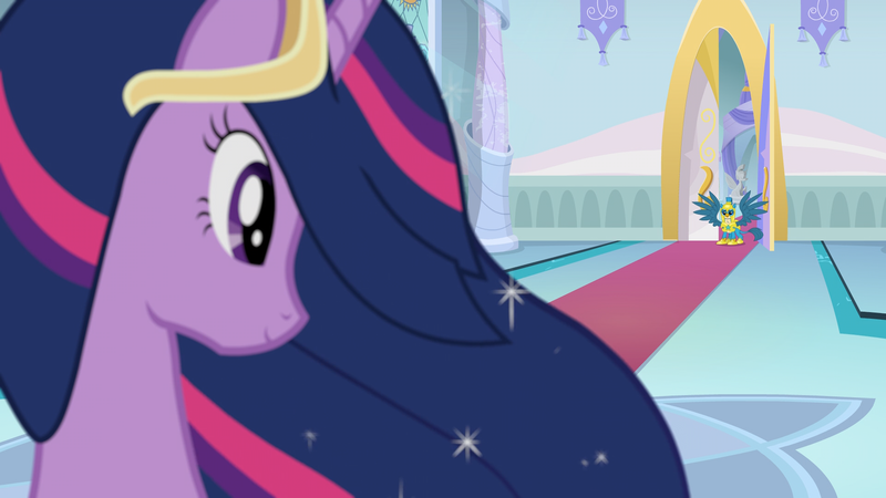 Size: 1920x1080 | Tagged: safe, derpibooru import, screencap, gallus, twilight sparkle, twilight sparkle (alicorn), alicorn, gryphon, the last problem, leak, armor, canterlot castle, female, helmet, male, mare, princess twilight 2.0, royal guard, royal guard armor, royal guard gallus, spread wings, throne room, wings