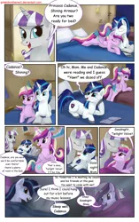 Size: 1950x3102 | Tagged: safe, artist:greenbrothersart, derpibooru import, princess cadance, shining armor, twilight velvet, alicorn, pony, unicorn, comic:love is magic, bed, book, comic, female, goodnight kiss, male, mare, neck nuzzle, onomatopoeia, prone, sleeping, sound effects, teen princess cadance, teenager, waking up, zzz