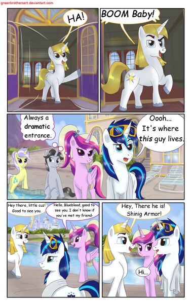 Size: 1950x3102 | Tagged: safe, artist:greenbrothersart, derpibooru import, jet set, prince blueblood, princess cadance, shining armor, upper crust, alicorn, pony, unicorn, comic:love is magic, bag, comic, female, goggles, male, saddle bag, swimming pool, tail wrap, teen princess cadance, teenager, towel