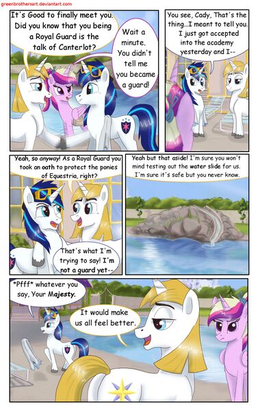 Size: 1950x3102 | Tagged: safe, artist:greenbrothersart, derpibooru import, prince blueblood, princess cadance, shining armor, alicorn, pony, unicorn, comic:love is magic, bag, comic, female, male, saddle bag, swimming pool, teen princess cadance, teenager, towel