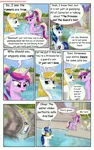 Size: 1950x3102 | Tagged: safe, artist:greenbrothersart, derpibooru import, jet set, prince blueblood, princess cadance, shining armor, upper crust, alicorn, pony, unicorn, comic:love is magic, comic, female, goggles, male, swimming pool, tail wrap, teen princess cadance, teenager, water, water slide