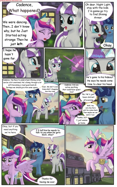 Size: 1950x3102 | Tagged: safe, artist:greenbrothersart, derpibooru import, night light, princess cadance, twilight velvet, alicorn, firefly (insect), insect, pony, unicorn, comic:love is magic, bag, comic, crying, female, flying, male, mare, saddle bag, scroll, stallion, teen princess cadance, teenager