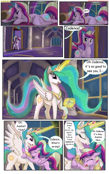 Size: 1950x3102 | Tagged: safe, artist:greenbrothersart, derpibooru import, princess cadance, princess celestia, alicorn, pony, comic:love is magic, bed, comic, crying, duo, duo female, female, hug, mare, night, present, prone, stomach noise, teen princess cadance, teenager