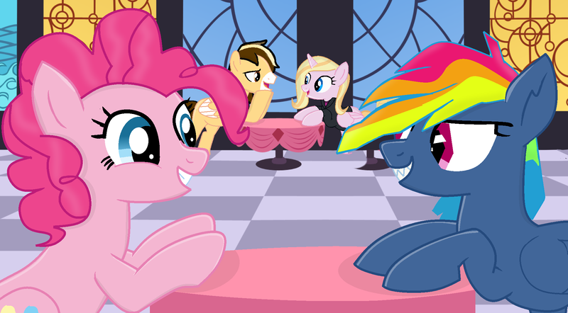 Size: 2024x1118 | Tagged: safe, artist:darkfire036, artist:grapefruitface1, artist:selenaede, derpibooru import, pinkie pie, rainbow dash, oc, oc:caramel swirl, oc:ola tiger, pony, secrets and pies, base used, evil pie hater dash, female, lesbian, male, pinkiehater, straight, tigerswirl