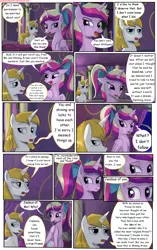 Size: 1950x3102 | Tagged: safe, artist:greenbrothersart, derpibooru import, prince blueblood, princess cadance, alicorn, pony, unicorn, comic:love is magic, comic, crying, duo, female, male, night, sitting, teen princess cadance, teenager