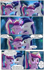 Size: 1950x3102 | Tagged: safe, artist:greenbrothersart, derpibooru import, princess cadance, shining armor, alicorn, pony, unicorn, comic:love is magic, blushing, comic, crying, eye contact, female, full moon, kissing, looking at each other, male, mare in the moon, moon, night, teen princess cadance, teenager