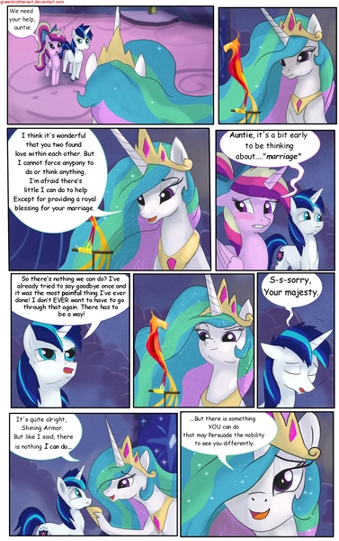 Size: 1950x3102 | Tagged: safe, artist:greenbrothersart, derpibooru import, philomena, princess cadance, princess celestia, shining armor, alicorn, phoenix, pony, unicorn, comic:love is magic, comic, female, male, mare, night, teen princess cadance, teenager