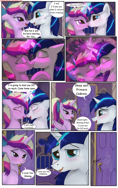 Size: 1950x3102 | Tagged: safe, artist:greenbrothersart, derpibooru import, princess cadance, shining armor, alicorn, pony, unicorn, comic:love is magic, comic, crying, female, kissing, male, night, teen princess cadance, teenager