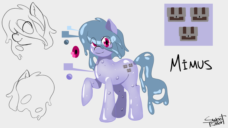 Size: 1920x1080 | Tagged: safe, artist:cdv, artist:sweeteater, derpibooru import, oc, oc:mimus, unofficial characters only, mimic, pony, cutie mark, monster mare, reference sheet, slime, solo