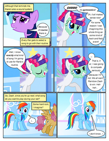 Size: 612x792 | Tagged: safe, artist:newbiespud, derpibooru import, edit, edited screencap, screencap, dizzy twister, orange swirl, rainbow dash, rarity, twilight sparkle, pegasus, pony, unicorn, comic:friendship is dragons, sonic rainboom (episode), alternate hairstyle, artificial wings, augmented, background pony, comic, dialogue, eyes closed, female, looking up, magic, magic wings, mare, screencap comic, smiling, unicorn twilight, wings