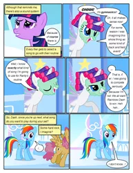 Size: 612x792 | Tagged: safe, artist:newbiespud, derpibooru import, edit, edited screencap, screencap, dizzy twister, orange swirl, rainbow dash, rarity, twilight sparkle, pegasus, pony, unicorn, comic:friendship is dragons, sonic rainboom (episode), alternate hairstyle, artificial wings, augmented, background pony, comic, dialogue, eyes closed, female, looking up, magic, magic wings, mare, screencap comic, smiling, unicorn twilight, wings