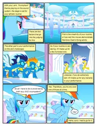 Size: 612x792 | Tagged: safe, artist:newbiespud, derpibooru import, edit, edited screencap, screencap, cloud kicker, derpy hooves, dizzy twister, lightning bolt, merry may, misty fly, orange swirl, princess celestia, rainbow dash, rainbowshine, soarin', spitfire, spring melody, sprinkle medley, white lightning, alicorn, pegasus, pony, comic:friendship is dragons, armor, background pony, background pony audience, cheering, clothes, cloud, comic, dialogue, female, flying, frown, goggles, looking up, male, mare, on a cloud, royal guard, screencap comic, stallion, uniform, wonderbolts, wonderbolts uniform