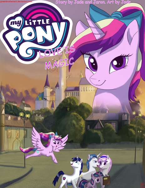 Size: 3653x4729 | Tagged: safe, artist:greenbrothersart, derpibooru import, fancypants, fleur-de-lis, princess cadance, shining armor, twilight sparkle, alicorn, pony, unicorn, comic:love is magic, book, comic, comic cover, cover art, female, filly, filly twilight sparkle, flying, male, teen princess cadance, teenager, younger