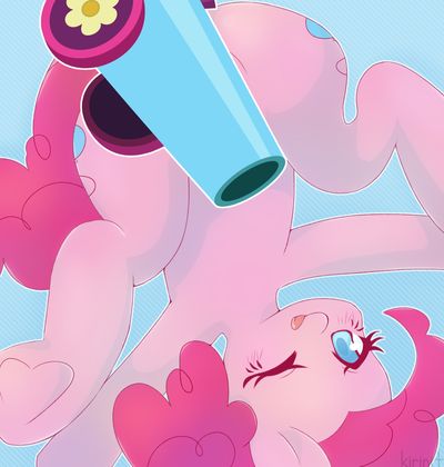 Size: 400x420 | Tagged: suggestive, artist:kirinit, derpibooru import, pinkie pie, earth pony, pony, blue background, colored pupils, cute, diapinkes, female, mare, one eye closed, party cannon, ponk, simple background, solo, strategically covered, tongue out, underhoof, upside down, wink