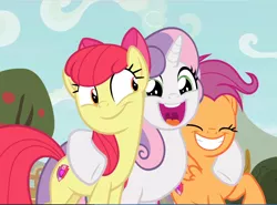Size: 1200x887 | Tagged: safe, derpibooru import, screencap, apple bloom, scootaloo, sweetie belle, earth pony, pegasus, pony, unicorn, growing up is hard to do, adorabloom, cropped, cute, cutealoo, cutie mark, cutie mark crusaders, diasweetes, excited, eyes closed, female, happy, hug, mare, older, older apple bloom, older cmc, older scootaloo, older sweetie belle, open mouth, smiling, the cmc's cutie marks, trio