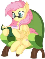 Size: 1864x2427 | Tagged: safe, artist:cyanlightning, derpibooru import, fluttershy, pegasus, pony, .svg available, absurd resolution, book, chair, chest fluff, clothes, cute, ear fluff, female, folded wings, glasses, mare, reading, shyabetes, simple background, sitting, solo, transparent background, vector, wings